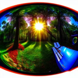 Sunset in a dense lush tropical jungle with lawn chairs, blue red and yellow. Warp. Fisheye. Bokeh. Psychedelic. distort. lens.