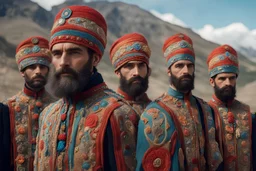 mood tones hiper-realistic HD handsome bearded armenian futuristic embroidered Pierre Cardin soldiers brotherhood fashion catwalk, detail faces and body parts, in ancient carved caucasian indian mountain village, by Sergei Parajanov-Alejandro Jodorowsky movie style