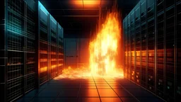 Burning process. data center on fire. Hand edited generative AI.