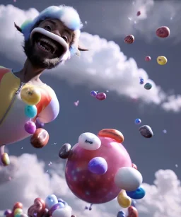 Ultra realistic speed clouds sky scene, wide angle view, strong men falling down with many Childs, circus clothing style, feather color clothing, free jumping flying, many trinkets, hair monster, many jelly beans, balls, color smoke, smile, happy, extreme, wind, clouds sea, 20,000 feet altitude, stratosphere, soft color, highly detailed, unreal engine 5, ray tracing, RTX, lumen lighting, ultra detail, volumetric lighting, 3d, finely drawn, high definition, high resolution.