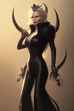 Pamela Anderson as evil queen in black leather, leather, busty, cleavage, angry, stern look. character design by cory loftis, fenghua zhong, ryohei hase, ismail inceoglu and ruan jia. unreal engine 5, artistic lighting, highly detailed, photorealistic, fantasy