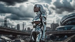 three-quarter view of a woman in a silver robotic catsuit standing in a futuristic derelict city with mushrooms with tentacles floating in the sky