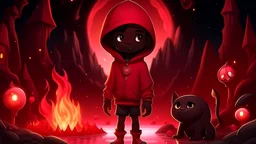 a brown skin coloured cartoon boy with a evil smile big head standing in a big black cave with an evil smile and hes wearing black hoodie and red pants with black shoes with red and pink fire around him and pink crystals with the moon outside and a river in the cave with a black cat with glowing red eyes next to him