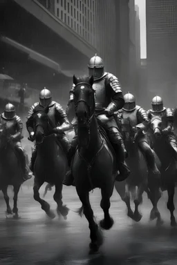 black and white front view photo of an army of armored french knights on theirs horses running in a New York street under the rain with high buildings in the background blurred, highly detailed, photorealistic, stormy sky, buildings, 4k, photo with atmosphere