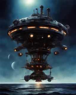 Picture of a spaceship from the movie "the black hole" that looks somewhat like a mixture between a biomechanoid submarine and a victorian oil rig in space in the style of Chris Foss.