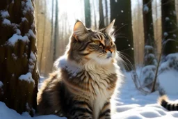 Cat in Wellensteyn coat, winter forest, pine trees, snowing, in sunshine