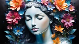 acrylic illustration, acrylic paint, close-up photo of statue made out of transparent glass,beautiful young girl,flowers inside the statue,flowers inside,floral design,plants under glass,emotional,dark,modern,abstract,(closed_eyes:1.1),parted lips,ears,glass,rough texture,see-through,