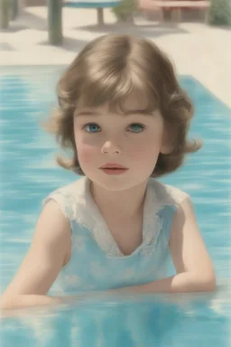 1950s illustration of singer jane birkin as a toddler, at the swimming pool, style of Marcel Marlier, pastel colors