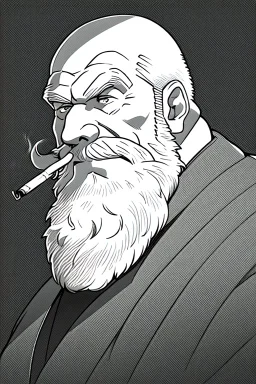 old man in profile smokes a cigar, greyscale