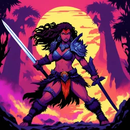 [psychedelic pixel illustration by Jannell Jaquays with Verve colour palette] Shaya Bloodfang, a fierce barbarian of the untamed wilds, charges into battle with unmatched ferocity. Armed with her blade and the instincts of a predator, she fights not just for survival but for vengeance. With a monstrous fiend on her trail, she faces her fate head-on, embodying the relentless spirit of the wild.
