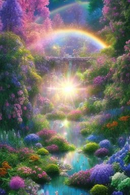 verybeautiful-magical-garden-of-the-angelic-kingdom-blue-and-pink-plants-and-trees-small-river-sunshine-flowers-haze-thumb-rainbow-ufo-bright-colors-light flowers