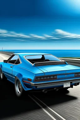 Create a realistic and true "OutRun" picture of a sleek blue sports car from the 1980s, driving along a coastal highway with the ocean in the background. The car should have the distinctive boxy yet streamlined shape of 80s sports cars, with a large rear spoiler, rectangular headlights, and prominent wheel arches.