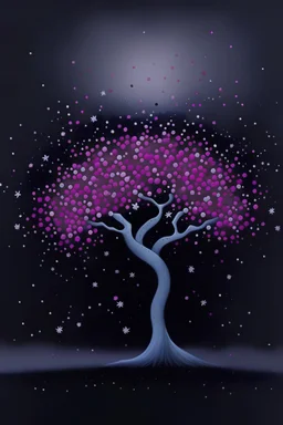 Painting of a slender Sakura tree suspended in the air, in isolation, falling petals like fine splatters, night cosmic background, atmospheric, dream like, minimalistic, fine details, realistic branches, muted colors