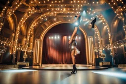 beautiful lady fullbody closeup shot in nice pants and shirt pretty boots dancing in stage,flashing lights