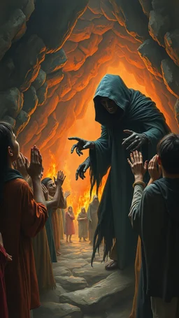 Bosch painting style nightmares, of people are crying and begging with hands up like prying in fear , all picture filled with caves and fires like hell , a big scary mysterious hooded black creature pointing on one of the people standing in the middle , all afraid of him
