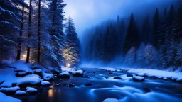 fir forrest scenery, heavy mist,mist shadows,valley,creek,forest,christmas lanterns,tree,,nature,night,snow,fir tree,high-quality photograph