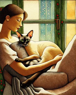 Oriental shorthair Siamese cat sleeps on the lap of a woman in a simple dress, the woman looks out the window, in the style of a Odilon Redon Modifiers: portrait pointillism patchwork 3D, in the style of Henri Rousseau, by Horace Pippin pastel rubbed on coarse-textured paper with watercolour flowing over it