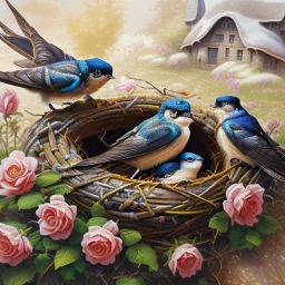 captivating cinematic painting masterfully blending traditional illustration, 3D rendering, and wildlife photography, depicts a picturesque old stone farmhouse with a thatched roof. The harmonious blend of artistic styles creates an atmosphere of serene tranquility, warmth, nostalgia, and timeless beauty. In the cozy home on the roof, three adorable baby swallows rest in their nest, watched over by a swift adult swallow soaring around them. Vibrant hollyhocks cascade along the walls, and hay in