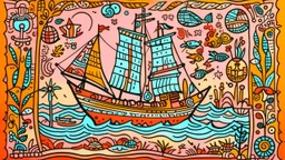 A light rosy orange colored bay with pirate ships and crystals designed in Kuna molas painted by Keith Haring