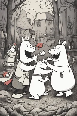 Moomins fighting drunkenly