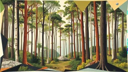 Interpretive collage of a geometric forest with surprising and unexpected views