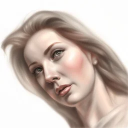 dibujo en grafito realista de rostro mujer 35 años piel blanca nariz prominente aguileña narigona curvy chubby thick bbw pelo rojo suelto ojos abiertos frente primer plano contrapicado rasgos definidos boca cerrada