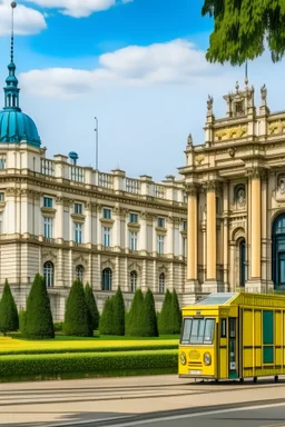 the "Belweder" palace in Warsaw and a Warsaw public transport bus standing in front of the gate