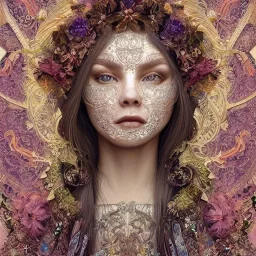 portrait,"Insanely detailed photograph of a beautiful nordic vestal Goddess,gorgeous clean face,intricate mask, highly intricate dress,intricately designed colorful flowers in hair,elegant, highly detailed hair, digital painting, artstation, concept art, smooth, sharp focus, illustration, art by artgerm and greg rutkowski and alphonse mucha, 8 k,looking downward,album cover art,fantasy