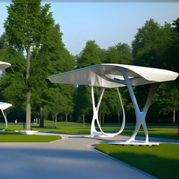 Parque, árboles, senderos, kioscos, bancas, sillas, gente, Arquitectura minimalista estilo Zaha Hadid, calidad ultra, 3D 8k