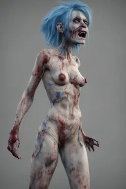 an ugly deformed abomination of an extremely anorexic fat girl with an amputated arm and an amputated leg and really funky blue hair, she looks like a zombified corpse, 4k UHD, ultra-realistic, photorealistic, extremely detailed,