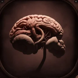 a human brain swimming in blood, steam punk, scary, horror, realistic, made in octane, cinematic, ultra-realistic, extremely detailed octane rendering, 8K, VRAY Super Real ar 2:3, dof photorealistic futuristic 50mm lens hard lighting dark gray tintype photograph, realistic lighting