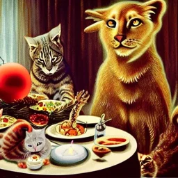 Cats and children eating Christmas dinner with alien lion and floating ball, and exquisitely decorated turkey and HR giger alien