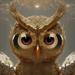 Owl,full body shining gold metal, elegant, bokeh, volumetric lighting, extreme detail, Photorealism, High detail, Hyper macro lens blur, 100mm, cinema4d, HDR, 8k, unreal engine 5