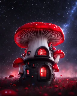 An illogically floating mushroom house on a clear night. white red black, Stars Dark cosmic interstellar. Detailed Matte Painting, deep color, fantastical, intricate detail, splash screen, hyperdetailed, insane depth, concept art, 8k resolution, trending on Artstation, Unreal Engine 5, color depth, backlit, splash art, dramatic, High Quality Whimsical Fun Imaginative Bubbly, perfect composition