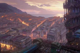 Close up Train head+metro station+Elevated Train pass+trains+corner building on sea+riomaggiore+corniglia+genoa street+Italian medieval town+sea+alphonse mucha, greg rutkowski,matte painting, cryengine, hyper detailed, felix kelly, fantasy art, seb mckinnon