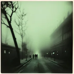 Dark street creepy fog colours strong texture artistic polaroid volumetric light tree nightmare Yves Tanguy