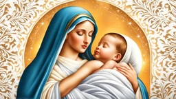 Design for a religious Christmas card showing the newborn baby Jesus with his mother Mary