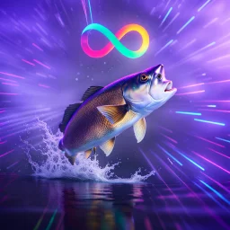 infinity symbol ∞ with vibrant powerful fish jumping out of the water, striking, neon, chiaroscuro, dramatic, captivating, powerful, fantasy, beautiful, octane render, 16k post-production, artstation: award-winning: atmospheric: commanding: fantastical: clarity: ultra quality: striking: brilliance: stunning colors: amazing depth; lens: f/11, 35mm