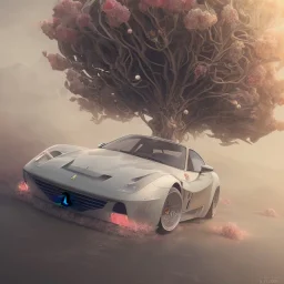 Ferrari blanche, dans un nuage de fleur, concept art, réaliste, synthwave