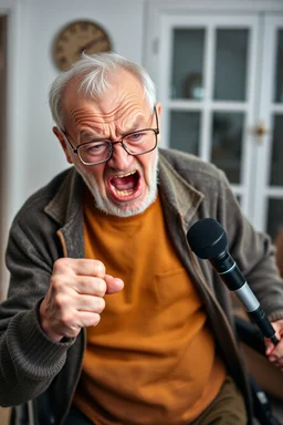 Portrait of poor angry caucasian very old senior man wearing eyeglasses and showing big fist standing at home indoor, Older Adults and Their Anger Issues, wheelchair, holding an microphone screaming