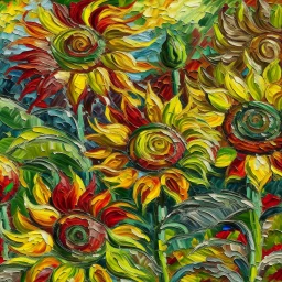 A vibrant field of sunflowers bursting with color, rendered in thick impasto strokes. Focus on the texture of the petals and the movement of the leaves in the breeze.