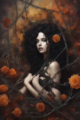 abstract creation of a beautiful girl with black curly hair, surrounded by black roses, wrapped in thick metal chains, glass petals on the ground, autumn and bright colours,dried out thorn bush, chaos,