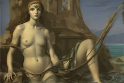 woman in camo swim in deep water by andrea del sarto