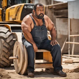 close up photography of a arab ugly burly serious wet sweaty, muscular chubby strong fat carpenter, shirtless, bulge, manly chest, very hairy allover, big goatee 46 years old, short hair, sitting with open legs on a little chair , on a construction site in the middle of a road, under the August sun, emotional eyes, , hyper-realistic, photorealistic , frontal view from the ground