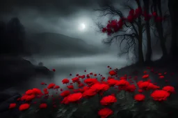 Creepy Night, mist, red flowers, gothic horror and disturbing infmuence, mistery, rocks, mountains, trees, lake, photography
