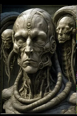 sculpture of a man and a snake , front view , Multiple faces . decayed and rotting with grotesque proportions and imagery. abstract grotesqueries, detailed texture, surreal horror, biomechanical design, by hr giger and beksinski