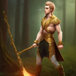 Male, Human, Blond, Sorcerer, Fire Mage, Golden Eyes, Young, Photorealism, Full Body Shot, Forest Background