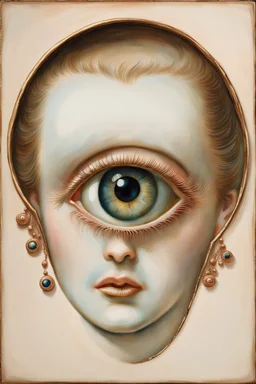 Set in rose-gold, mesmerizing—and bizarre is a Lovers Eye, Part-portrait, part-jewel, the miniature portraiture of a single eye of a beloved, painted with watercolor on ivory,18th century style, the beloved's eye floats uncannily against a monochromatic background. No other facial features anchored it, except an eyebrow. All focus on the composition’s core of a dark iris gazes ardently from behind a soft, love-drunk lid. Lovers eye portraiture, romantic, realism, Victorian, surrounded by blue ve