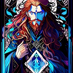 a tarot card of a man in an anime style, the man has long flowing red hair and his eyes are dark blue, he is wizard like with a beard and wearing resplendent mystical robes. Gradient color scheme