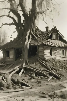 A demolished house with a tree root underneath